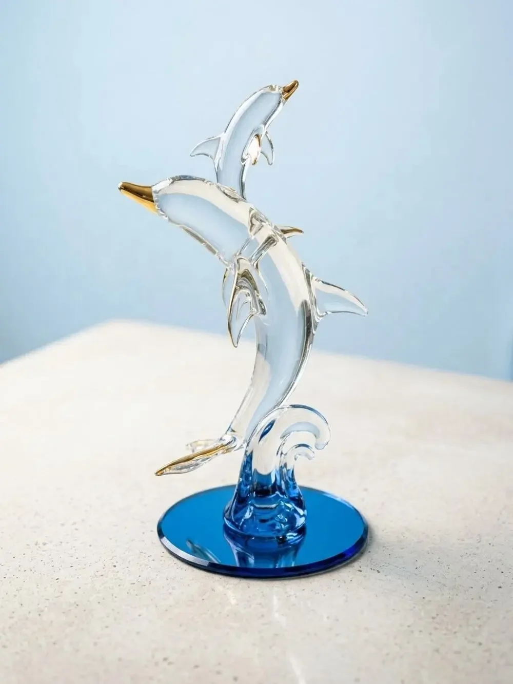 Vintage Blown Glass Leaping Dolphins Figurine 24K Gold Trim Blue Mirror Base